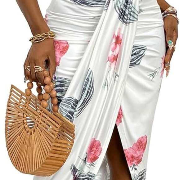 Women's Strapless Ruched High Waist Wrap Split Asymmetrical Beach Maxi Long Dres - Picture 1 of 6
